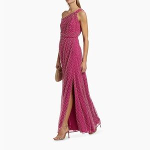 Theia Beaded One-Shoulder Fuchsia Pink Evening Gown